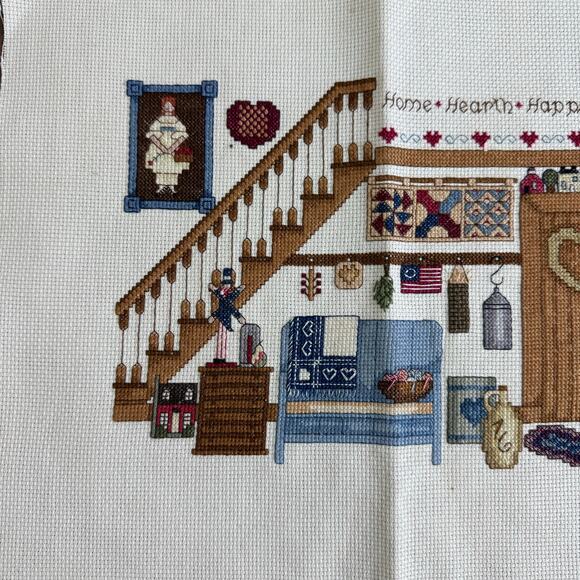 Vintage HOME HEART HAPPINESS Living Room Scene COMPLETED Cross‎ stitch - Picture 4 of 7